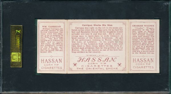 1912 T202 #013 Carrigan Blocks His Man Wagner/Carrigan Hassan Cigarettes Triple Folder SGC 40