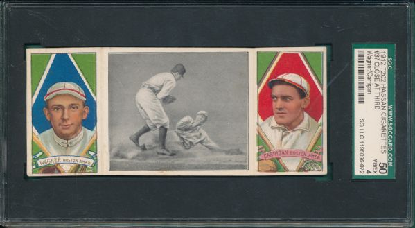 1912 T202 #037 Close at Third Wagner/Carrigan Hassan Cigarettes Triple Folder SGC 50