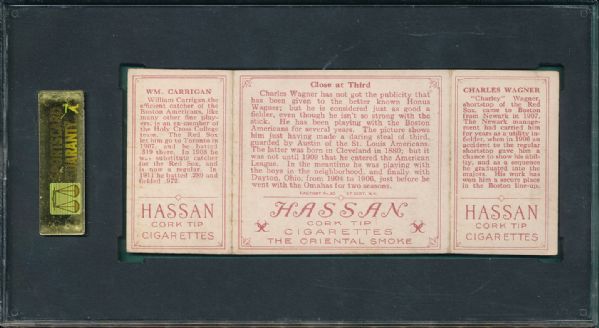 1912 T202 #037 Close at Third Wagner/Carrigan Hassan Cigarettes Triple Folder SGC 50