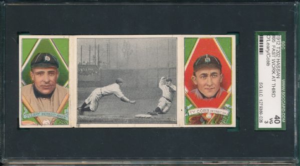 1912 T202 #65 Fast Work At Third Ty Cobb/ O'Leary Hassan Cigarettes Triple Folder SGC 40