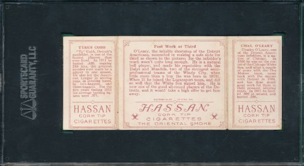 1912 T202 #65 Fast Work At Third Ty Cobb/ O'Leary Hassan Cigarettes Triple Folder SGC 40