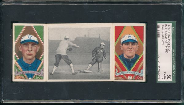 1912 T202 #075 Held At Third Tannenhill/Lord Hassan Cigarettes Triple Folder SGC 50