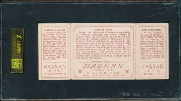 1912 T202 #075 Held At Third Tannenhill/Lord Hassan Cigarettes Triple Folder SGC 50