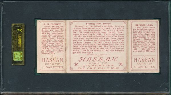 1912 T202 #102 Scoring From Second Lord/Oldring Hassan Cigarettes Triple Folder  SGC 20