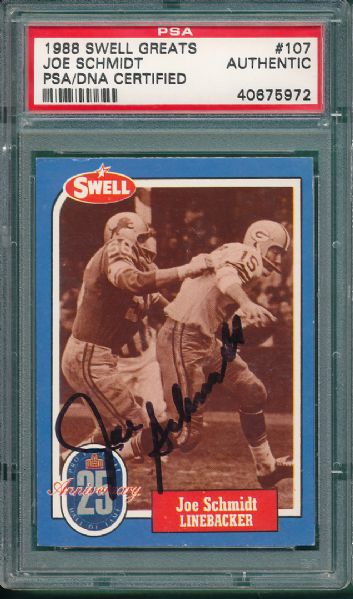 1988 Swell #107 Joe Schmidt *Autographed* PSA/DNA