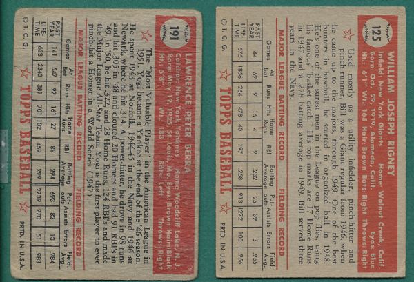 1952 Topps 6 Card Lot W/ Berra