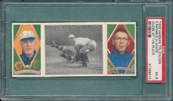 1912 T202 #035 Close at the Plate White/Payne Hassan Cigarettes Triple Folder  PSA 5