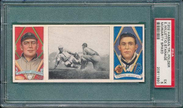 1912 T202 #097 Moriarty Spiked Willett/Stanage Hassan Cigarettes Triple Folder PSA 5