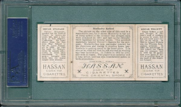 1912 T202 #097 Moriarty Spiked Willett/Stanage Hassan Cigarettes Triple Folder PSA 5