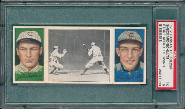 1912 T202 #109 Stone About to Swing Sheckard/Schulte Hassan Cigarettes Triple Folder PSA 5