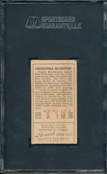 1911 T205 Christy Mathewson Honest Long Cut SGC 30