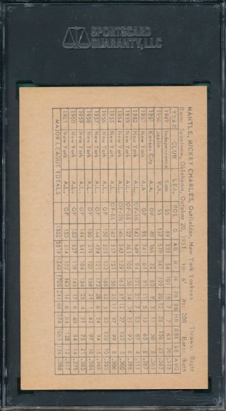 1962 Exhibits Mickey Mantle *Stats on Back* SGC 55