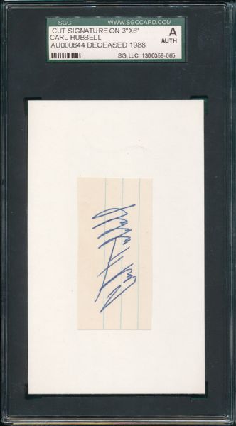 Carl Hubbell Cut Signature SGC Certified