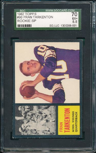 1962 Topps FB #90 Fran Tarkenton SGC 70, SP, *Rookie* 