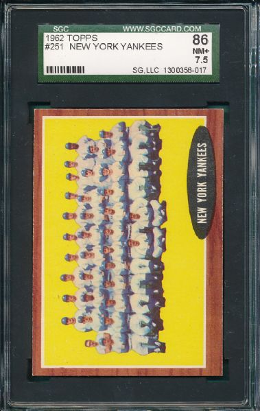 1962 Topps #251 Yankees Team Card SGC 86