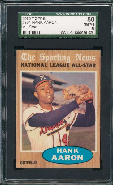 1962 Topps #394 Hank Aaron AS SGC 88