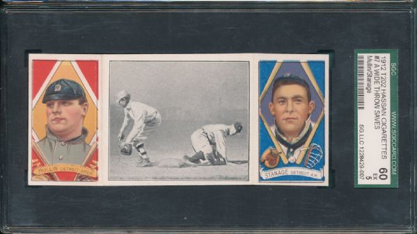 1912 T202 #007 A Wide Throw Saves Crawford Mullin/Stanage Hassan Cigarettes Triple Folder SGC 60