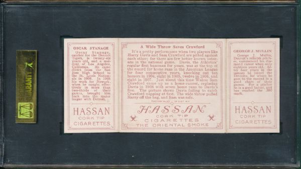 1912 T202 #007 A Wide Throw Saves Crawford Mullin/Stanage Hassan Cigarettes Triple Folder SGC 60