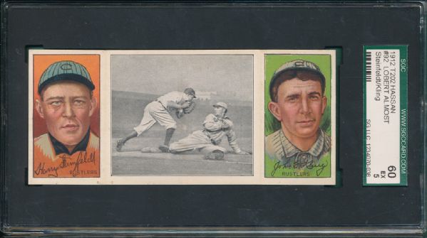 1912 T202 #092 Lobert Almost Caught Steinfeldt/Kling Hassan Cigarettes Triple Folder SGC 60