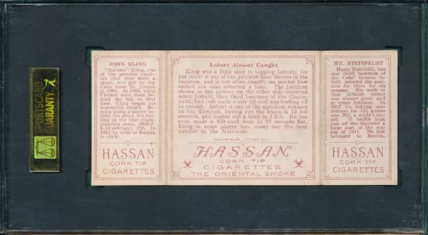 1912 T202 #092 Lobert Almost Caught Steinfeldt/Kling Hassan Cigarettes Triple Folder SGC 60