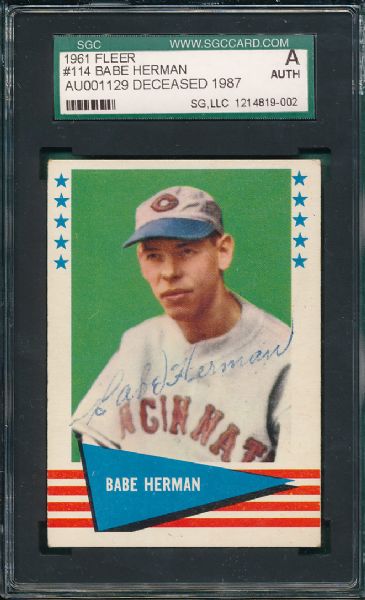 1961 Fleer #114 Babe Herman *Autographed*  Certified SGC Authentics