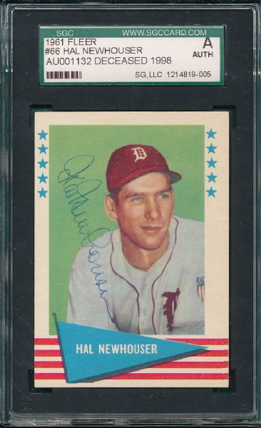 1961 Fleer #66 Hal Newhouser *Autographed*  Certified SGC Authentics