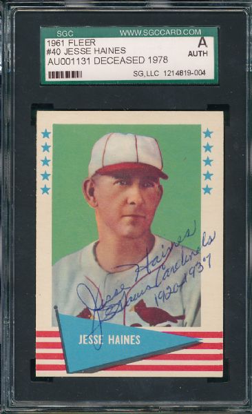 1961 Fleer #40 Jesse Haines *Autographed*  Certified SGC Authentics