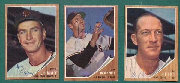 1962 Topps (10) Lot of Autographed Cards 