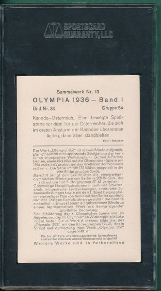 1930's German Card Featuring 1936 Olympics Hockey Game SGC 60