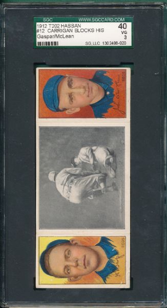 1912 T202 #012 Carrigan Blocks His Man Gasper/McLean Hassan Cigarettes Triple Folder SGC 40