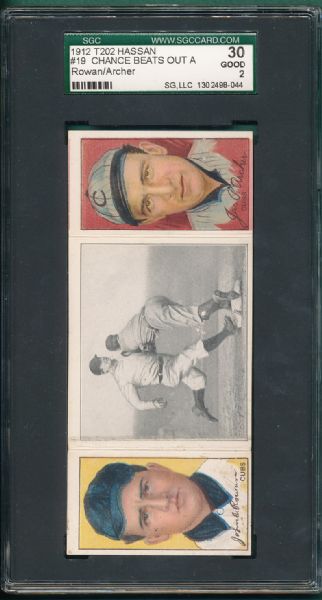 1912 T202 #019 Chance Beats Out a Hit Rowan/Archer Hassan Cigarettes Triple Folder SGC 30