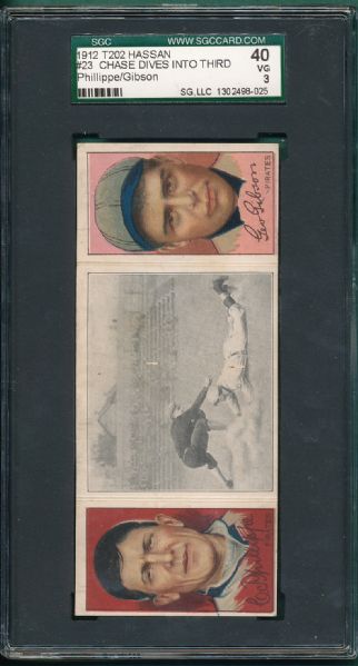 1912 T202 #023 Chase Dives Into Third, Phillippe/Gibson, Hassan Cigarettes Triple Folder SGC 40