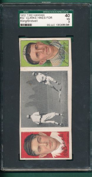 1912 T202 #32 Clarke Hikes for Home, Bridwell/Kling. Hassan Cigarettes Triple Folder SGC 40