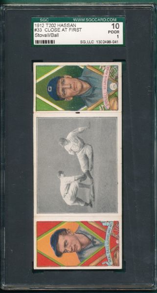 1912 T202 #33 Close at First, Stovall/Ball, Hassan Cigarettes Triple Folder SGC 10 *Presents Much Better*