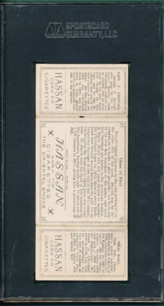 1912 T202 #33 Close at First, Stovall/Ball, Hassan Cigarettes Triple Folder SGC 10 *Presents Much Better*