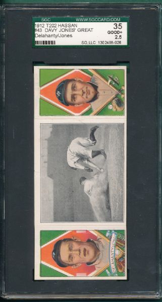 1912 T202 #43 Davy Jones Great Slide, Delehanty/Jones, Hassan Cigarettes Triple Folder SGC 35