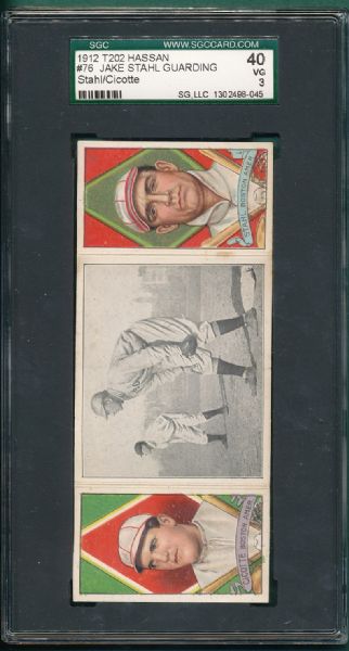 1912 T202 #76 Jake Stahl Guarding First Cicotte/Stahl Hassan Cigarettes Triple Folder SGC 40