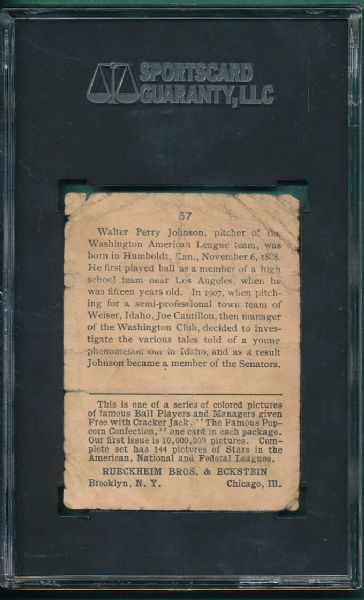 1914 Cracker Jack #57 Walter Johnson SGC A