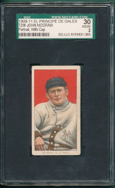 1909-1911 T206 McGraw, Portrait W/Cap, El Principe De Gales Cigarettes SGC 30 *Low Pop*