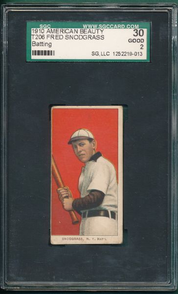 1909-1911 T206 Snodgrass, Batting, American Beauty Cigarettes SGC 30 *Low Pop*