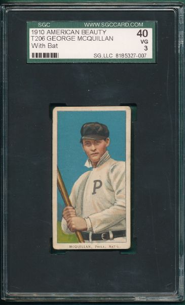 1909-1911 T206 McQuillan, Batting, American Beauty 350 NF Cigarettes SGC 40 *None Graded Higher*