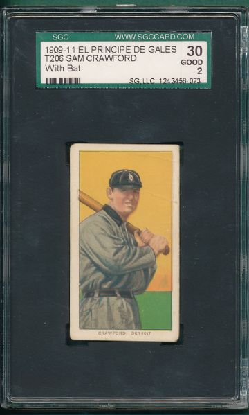 1909-1911 T206 Crawford With Bat, El Principe De Gales Cigarettes SGC 30