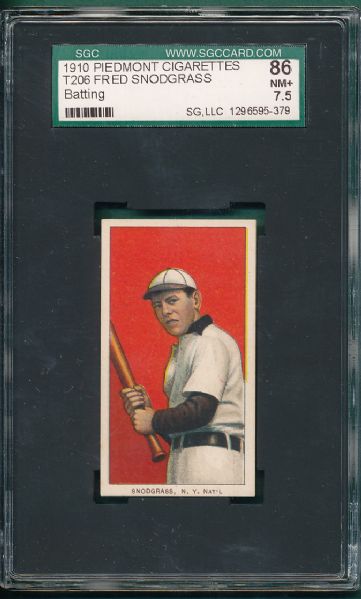 1909-1911 T206 Snodgrass, Batting, Piedmont Cigarettes SGC 86 *Only One Graded Higher*