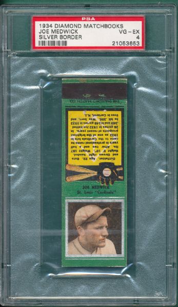 1934 Diamond Matchbooks Joe Medwick PSA 4