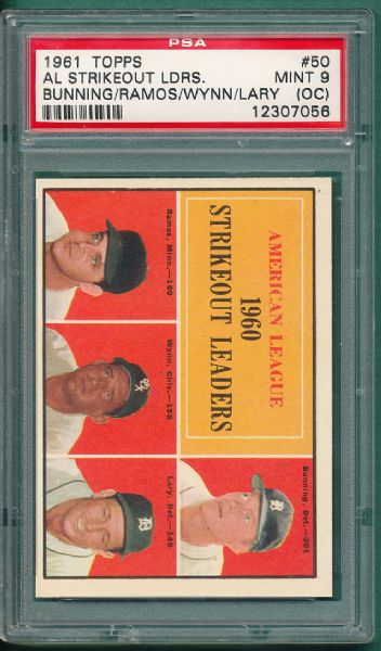 1961 Topps #49 2 Strikeout Leaders (2) Card Lot PSA 8 (OC) & 9 (OC)