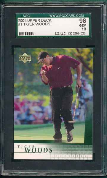 2001 Upper Deck #1 Tiger Woods, Rookie, SGC 98 GEM MINT