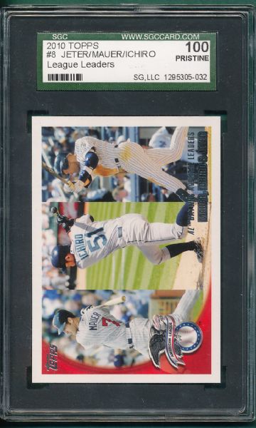 2010 Topps #8, AL Batting Leaders W/Mauer, Ichiro & Jeter, SGC 100 *Pristine* 1/1