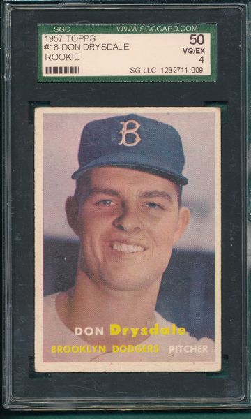 1957 Topps #18 Don Drysdale, *Rookie* SGC 50