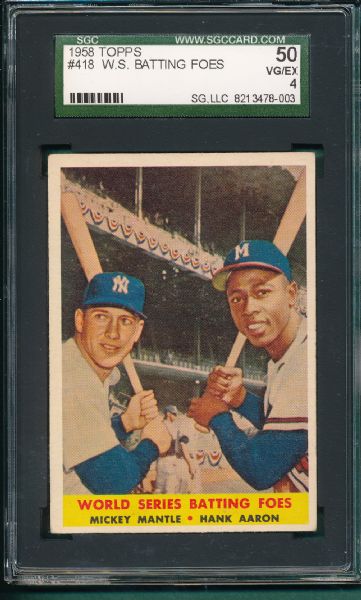 1958 Topps #418 World Series Batting Foes W/Mantle & Aaron, SGC 50