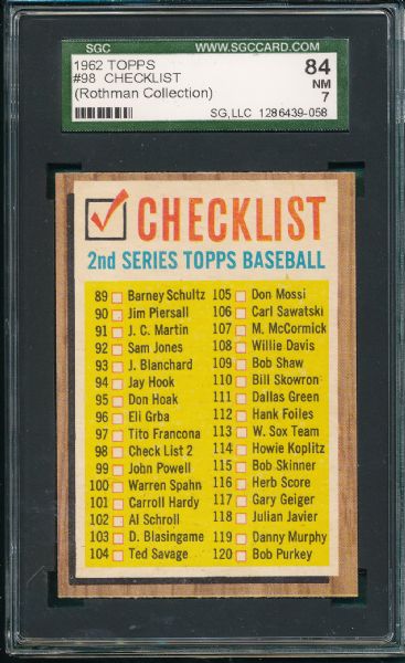 1962 Topps #423 W/Wilhelm & #98 Checklist (2) Card Lot  *Rothman Collection* SGC 84